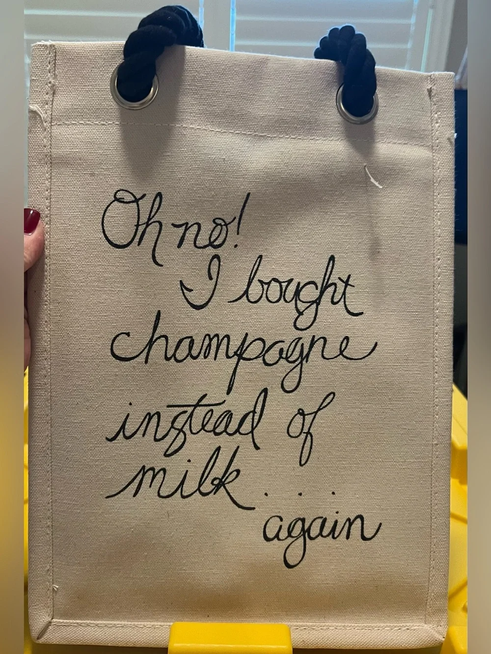34th & Pine Canvas Wine Tote with Script 'I bought champagne instead of milk'